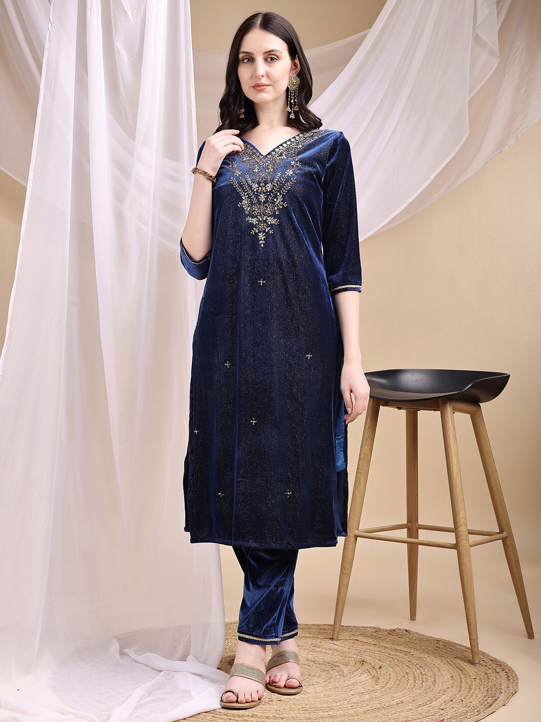 Navy Blue Hand Embroidered Velvet Kurta Set with Dupatta