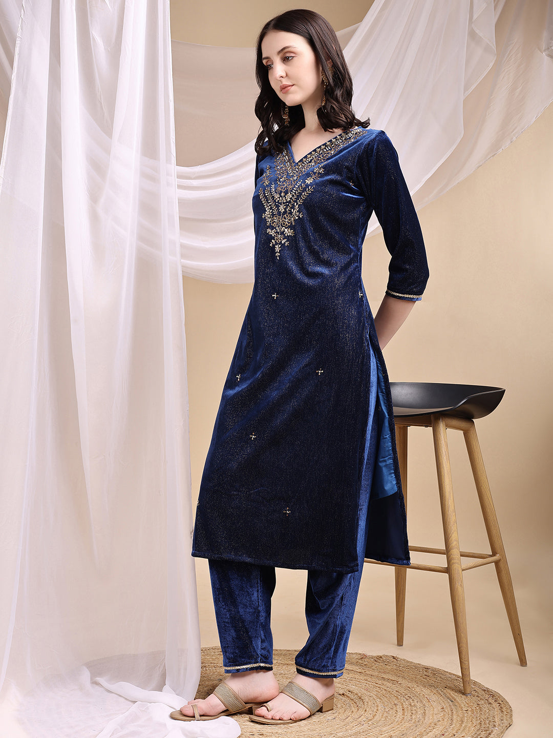 Navy Blue Hand Embroidered Velvet Kurta Set with Dupatta