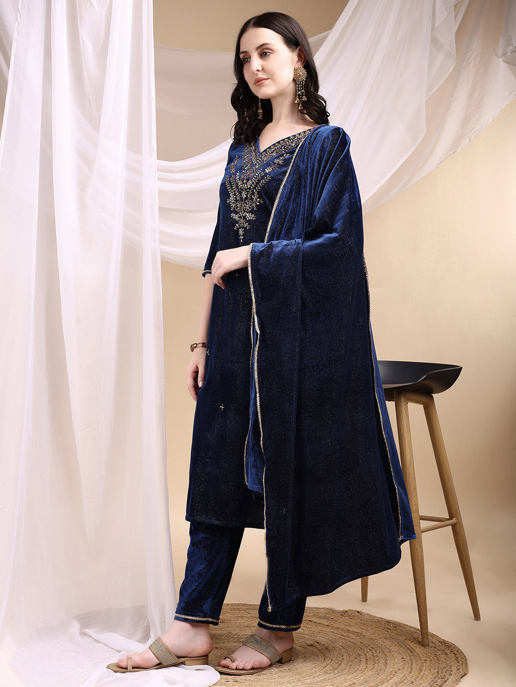 Navy Blue Hand Embroidered Velvet Kurta Set with Dupatta