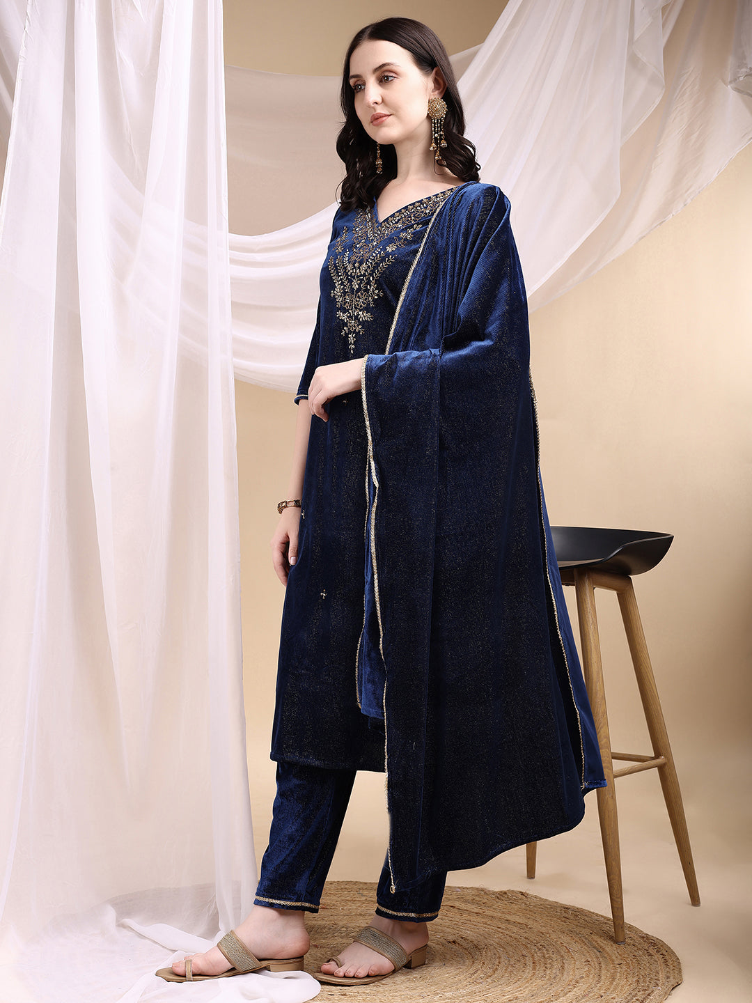 Navy Blue Hand Embroidered Velvet Kurta Set with Dupatta