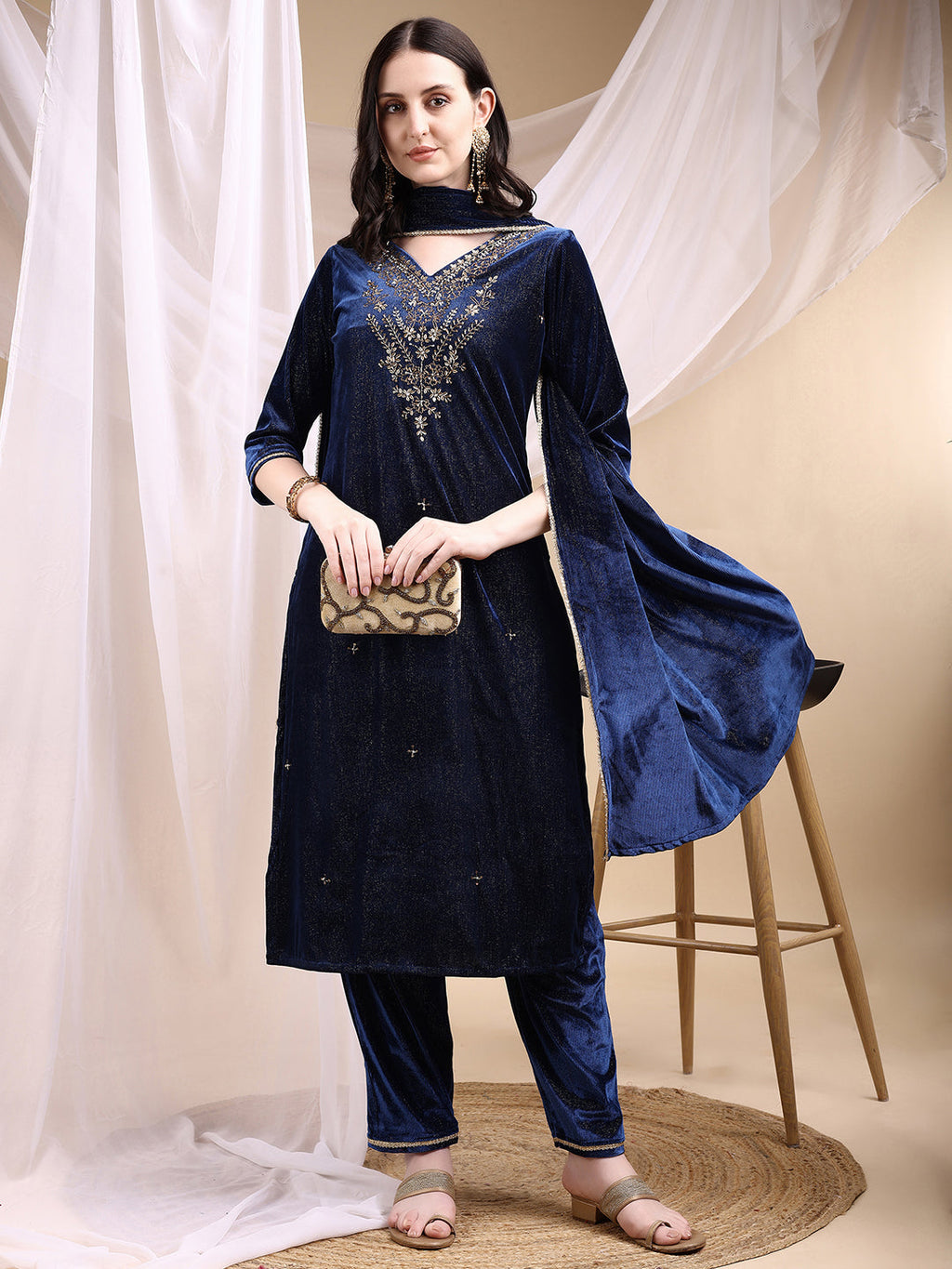 Navy Blue Hand Embroidered Velvet Kurta Set with Dupatta