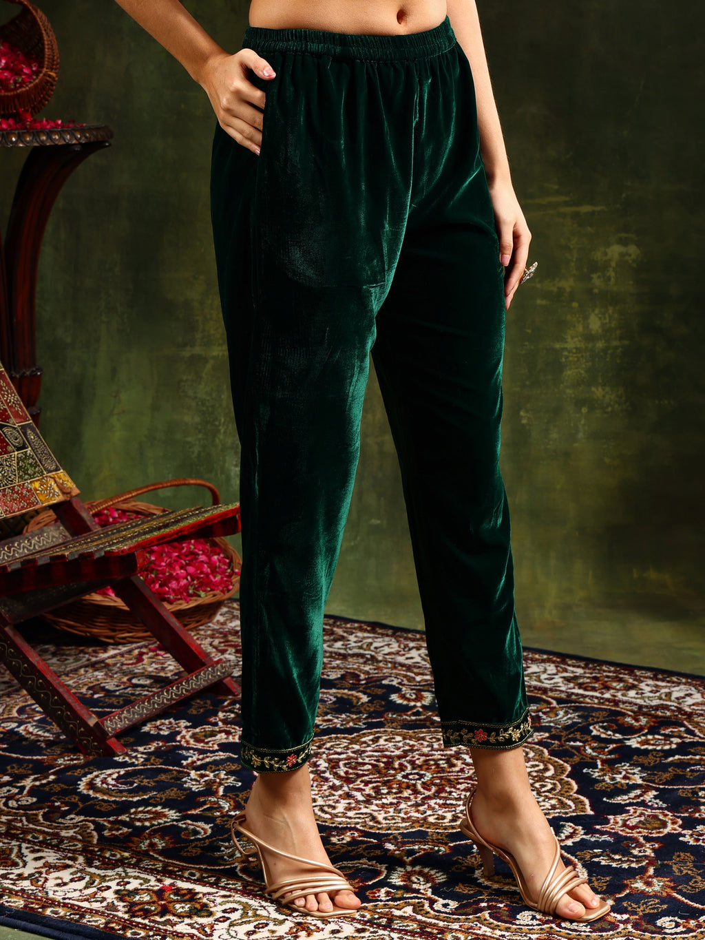Green Embroidered Velvet Kurta Set with Pant and Dupatta