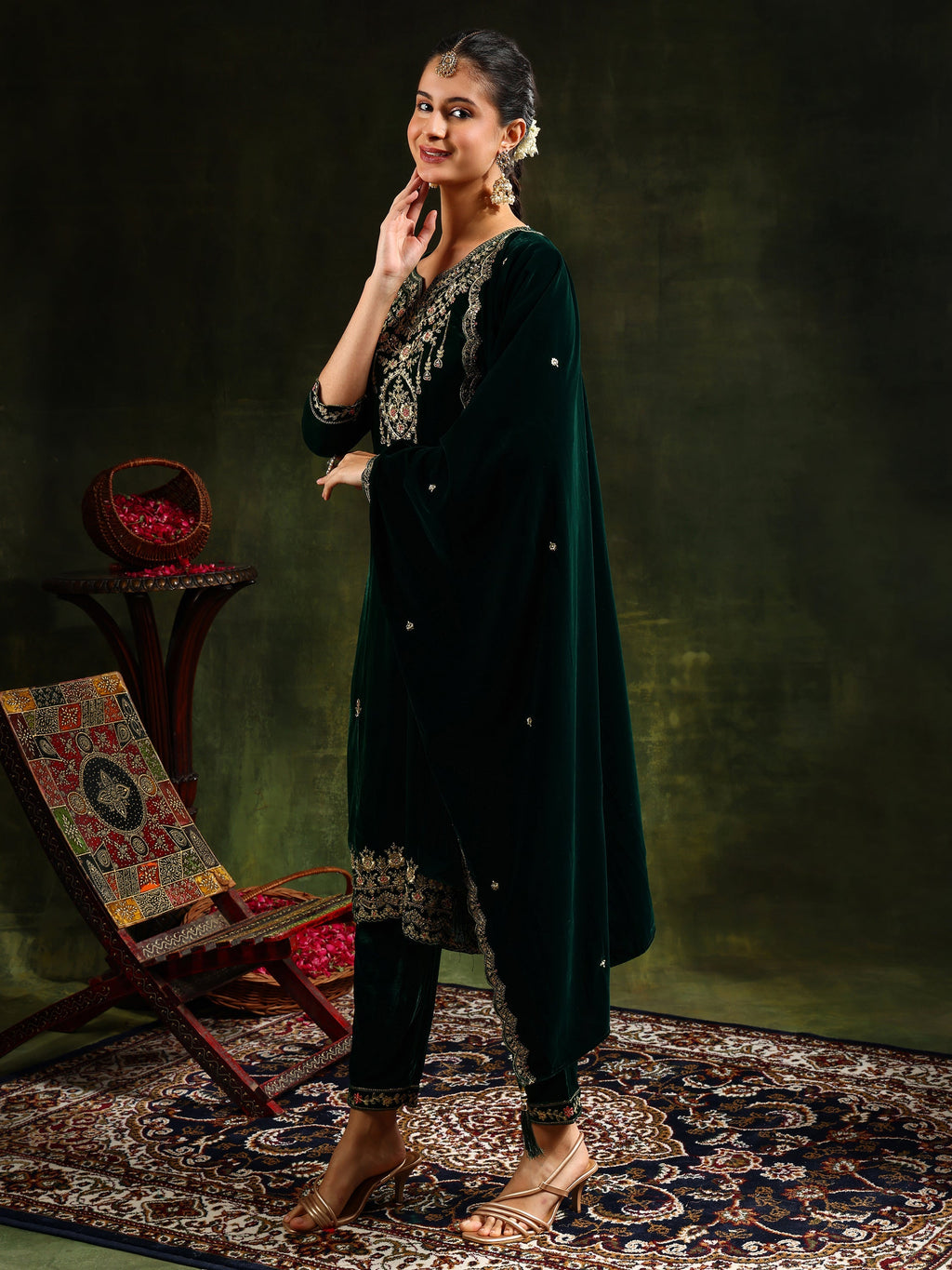Green Embroidered Velvet Kurta Set with Pant and Dupatta