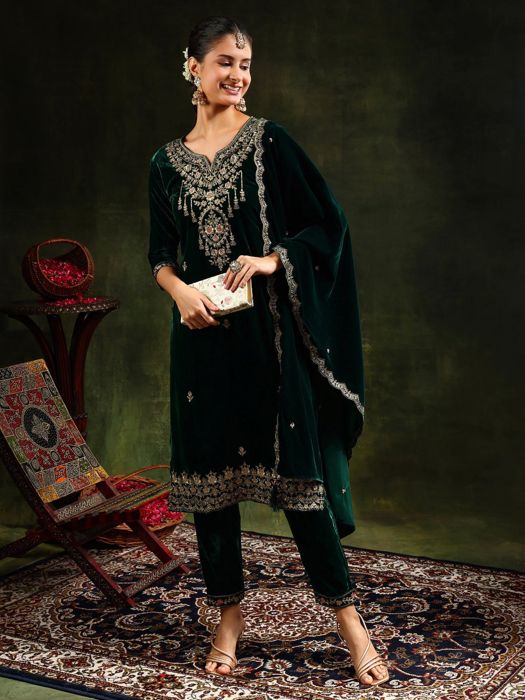 Green Embroidered Velvet Kurta Set with Pant and Dupatta