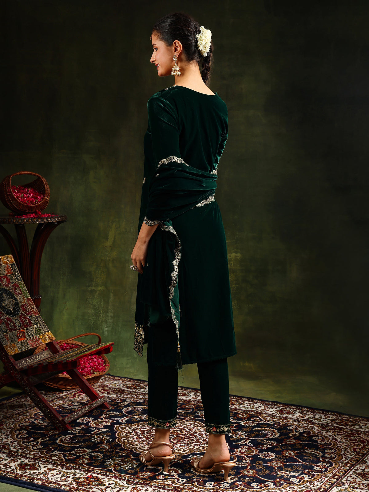 Green Embroidered Velvet Kurta Set with Pant and Dupatta