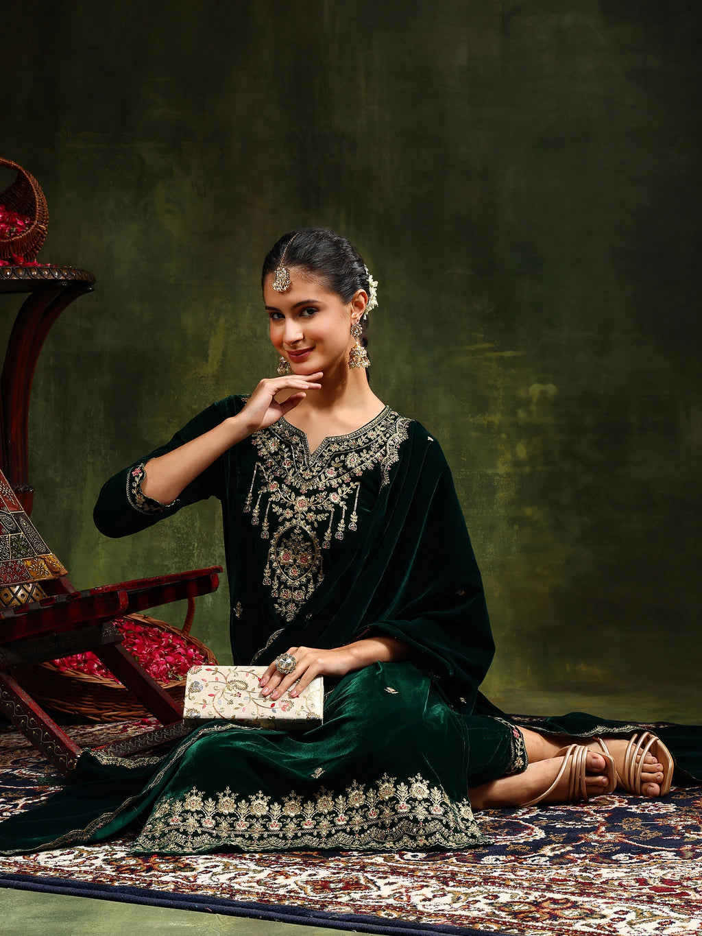 Green Embroidered Velvet Kurta Set with Pant and Dupatta