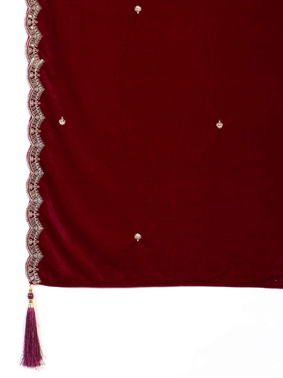Maroon Embroidered Velvet Kurta Set with Pant and Dupatta