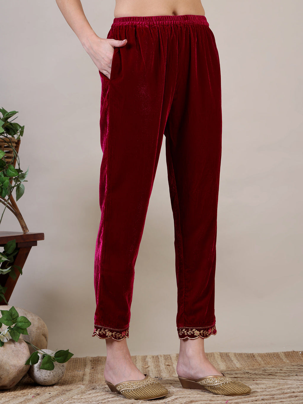 Maroon Embroidered Velvet Kurta Set with Pant and Dupatta