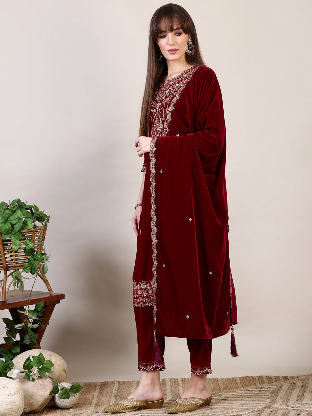Maroon Embroidered Velvet Kurta Set with Pant and Dupatta