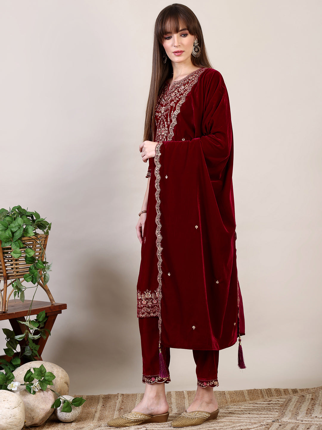 Maroon Embroidered Velvet Kurta Set with Pant and Dupatta