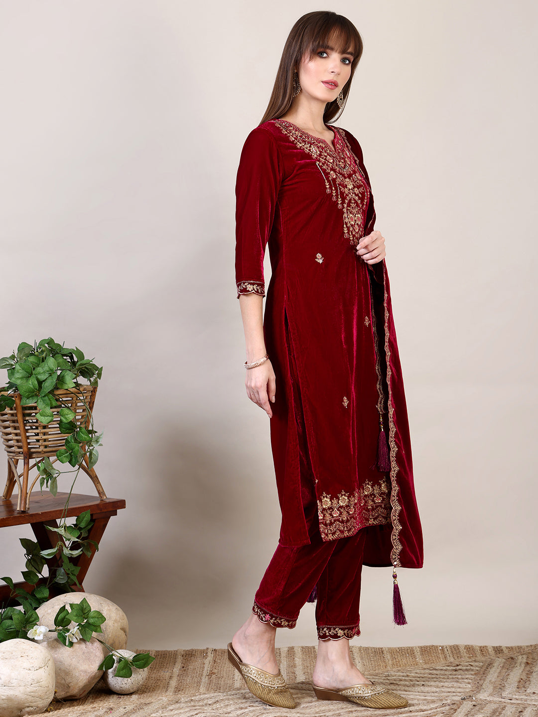Maroon Embroidered Velvet Kurta Set with Pant and Dupatta