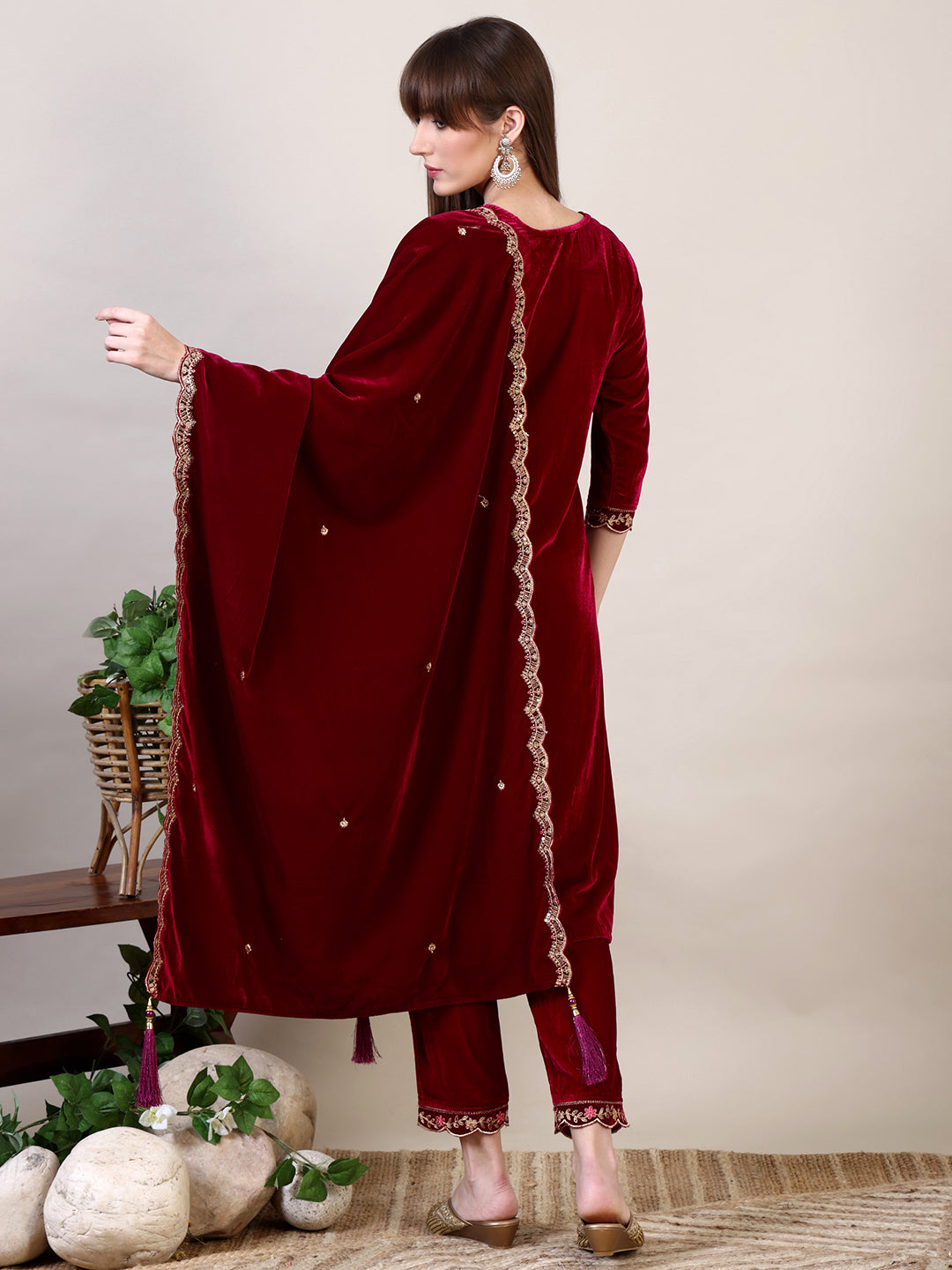 Maroon Embroidered Velvet Kurta Set with Pant and Dupatta