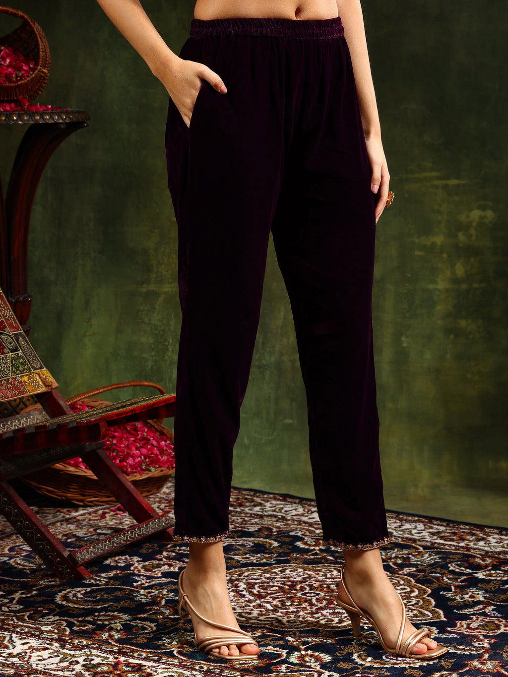 Wine Velvet Kurta Set with Hand & Machine Embroidery, 3-Piece