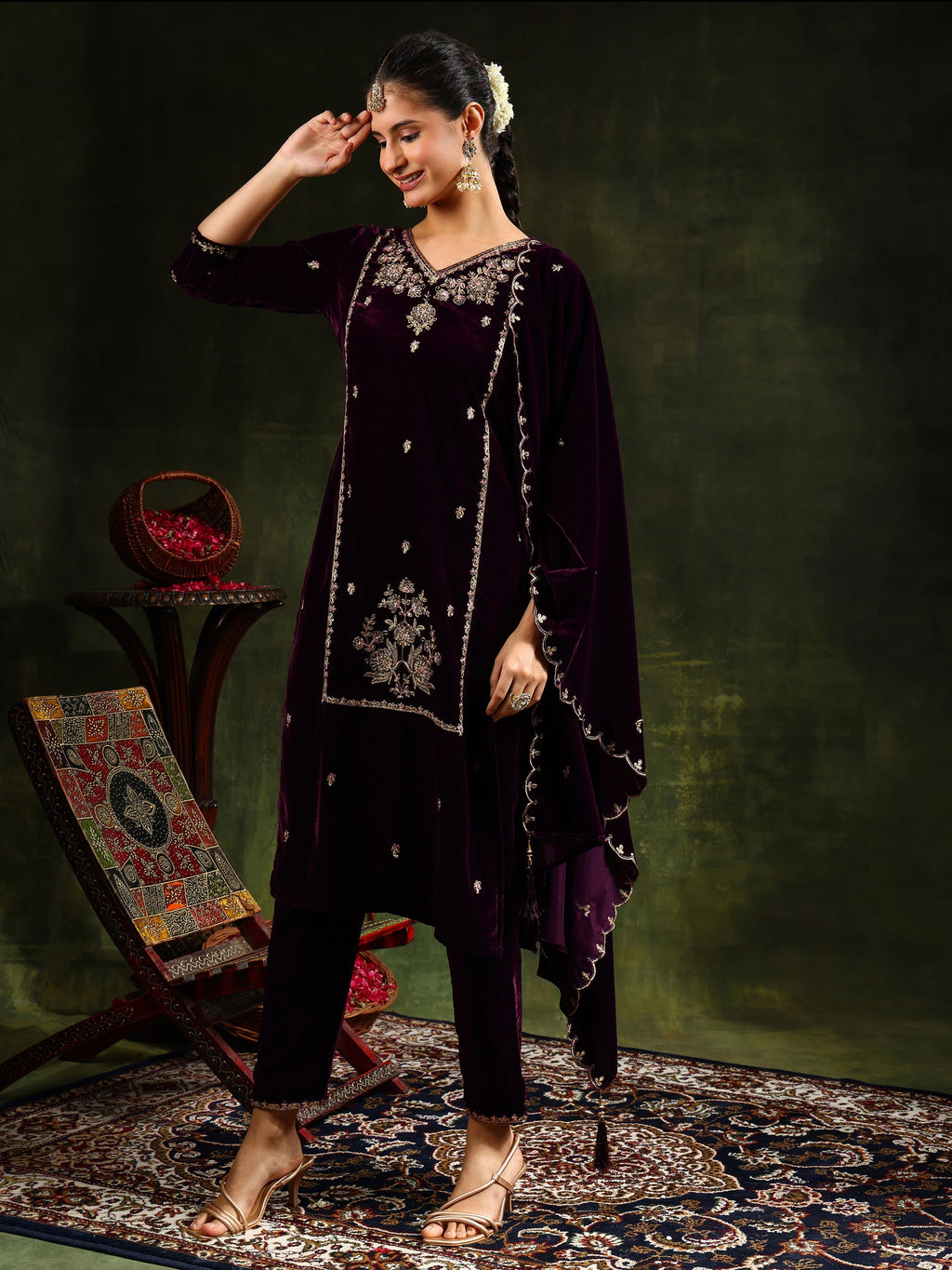 Wine Velvet Kurta Set with Hand & Machine Embroidery, 3-Piece