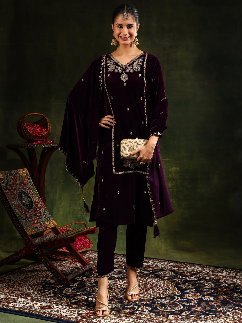 Elegant Wine Velvet Kurta set with intricate hand and machine embroidery and matching dupatta