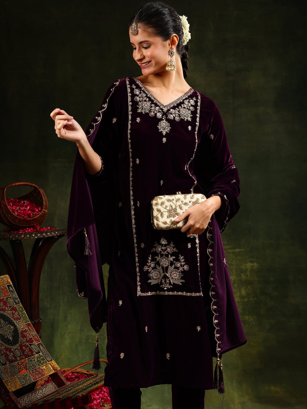 Wine Velvet Kurta Set with Hand & Machine Embroidery, 3-Piece