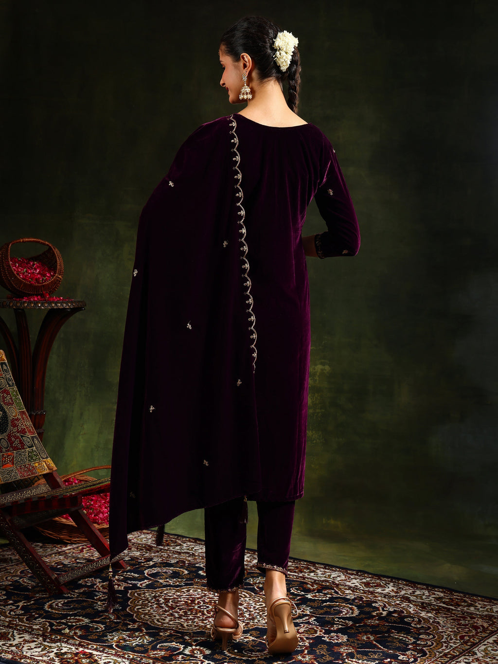 Wine Velvet Kurta Set with Hand & Machine Embroidery, 3-Piece
