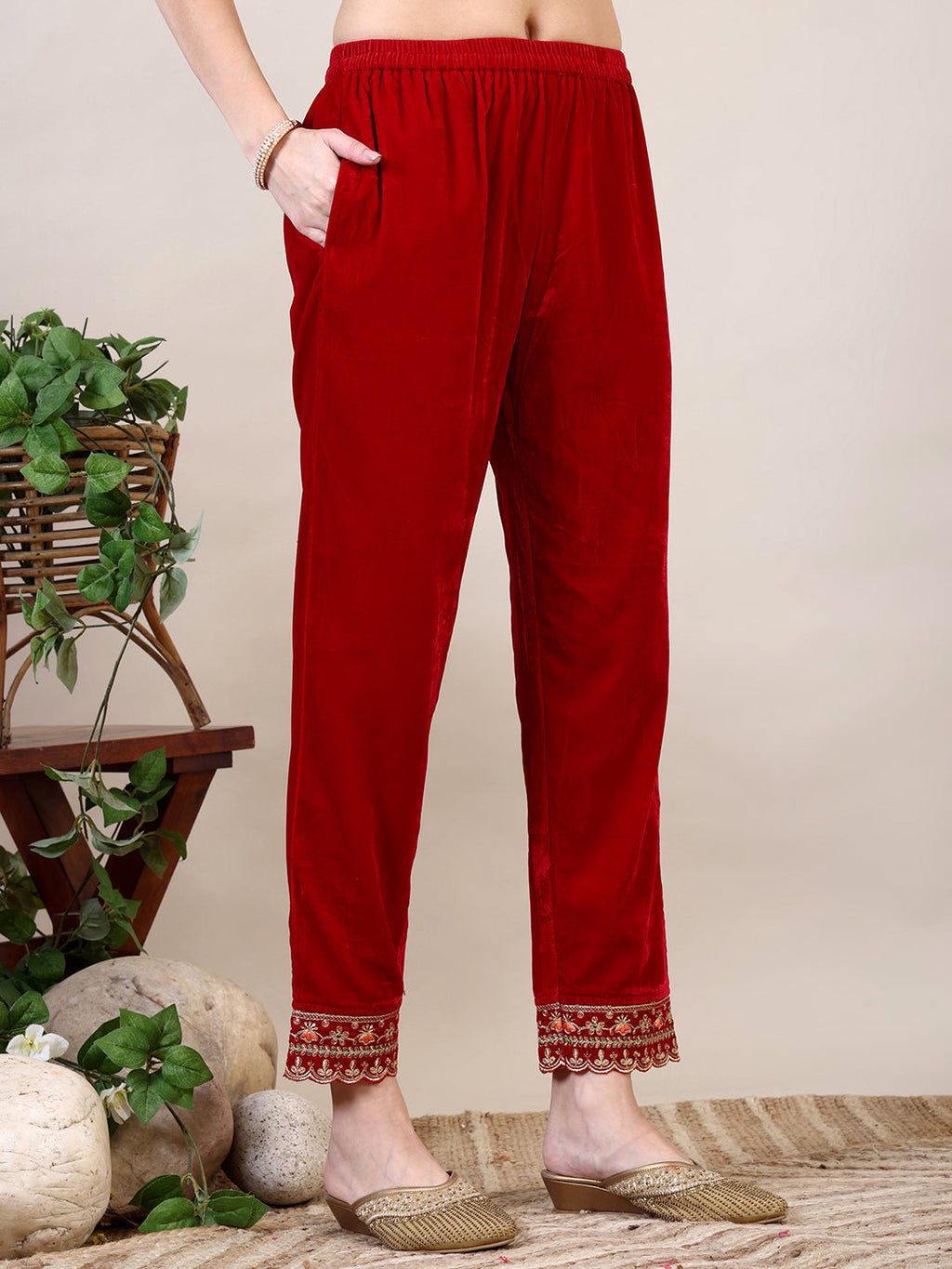 Pink Velvet Embroidered Kurta Set with Pant and Dupatta