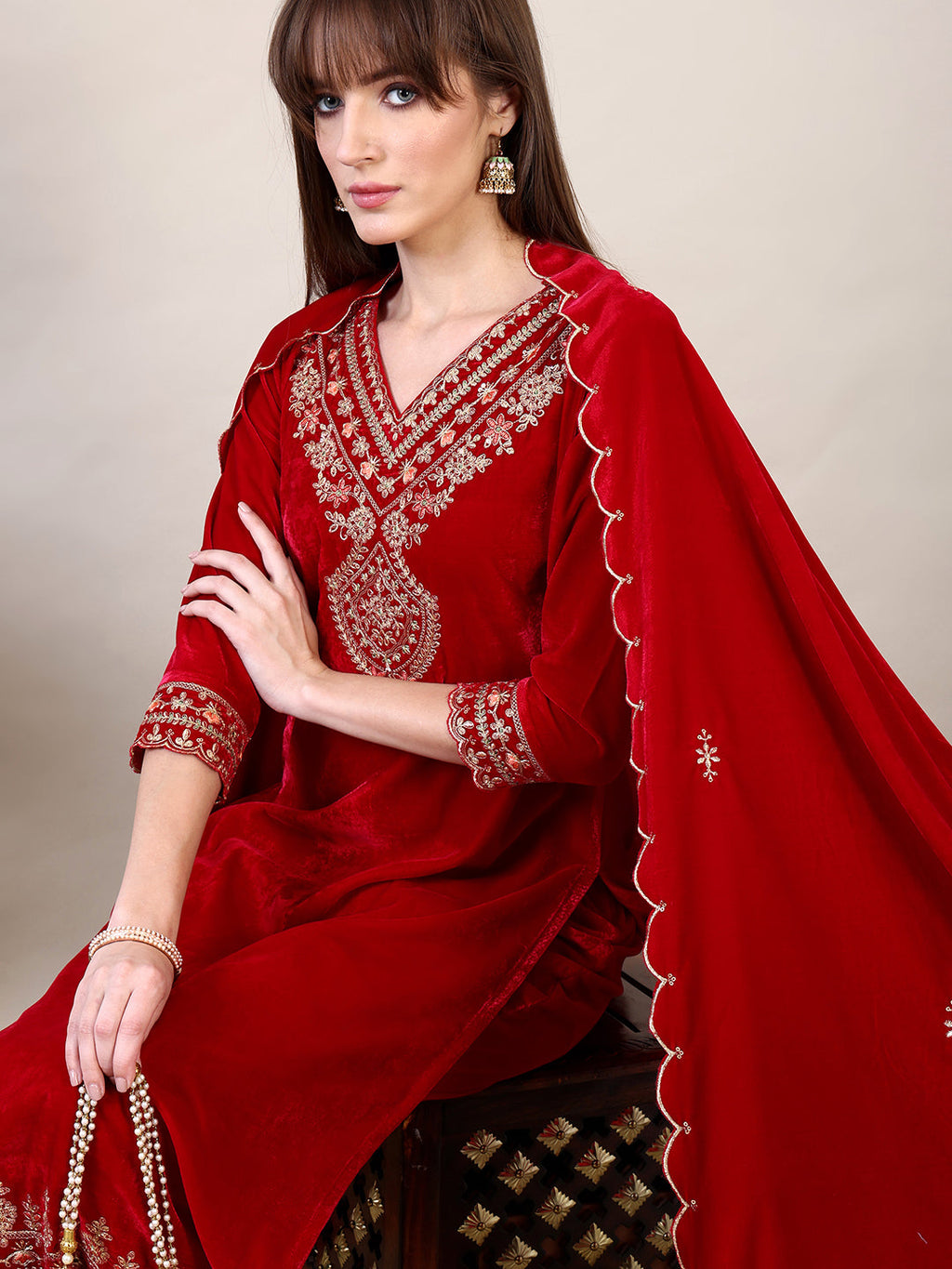 Pink Velvet Embroidered Kurta Set with Pant and Dupatta