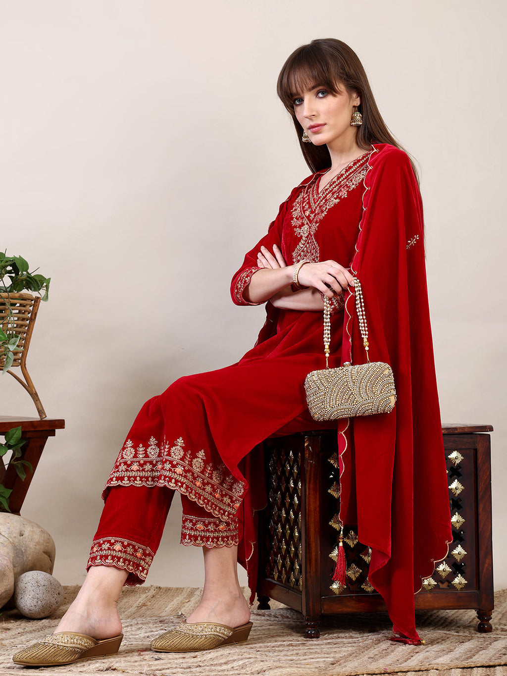 Pink Velvet Embroidered Kurta Set with Pant and Dupatta