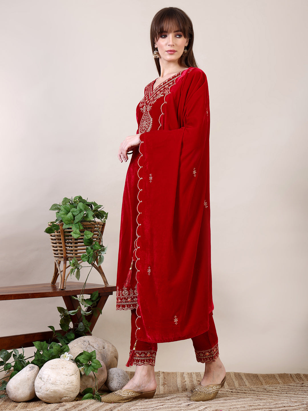 Pink Velvet Embroidered Kurta Set with Pant and Dupatta