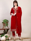 Close up of pink velvet embroidered kurta set with 3/4th sleeves and matching dupatta
