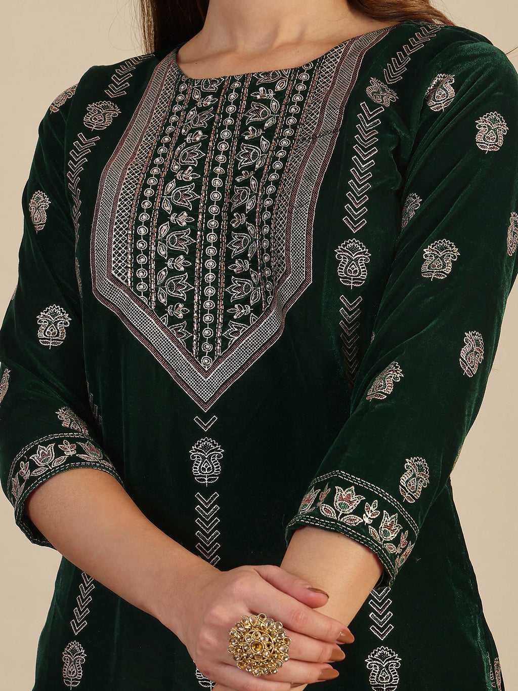 Bottle-Green Velvet Kurta Set with Hand & Foil Print Detailing