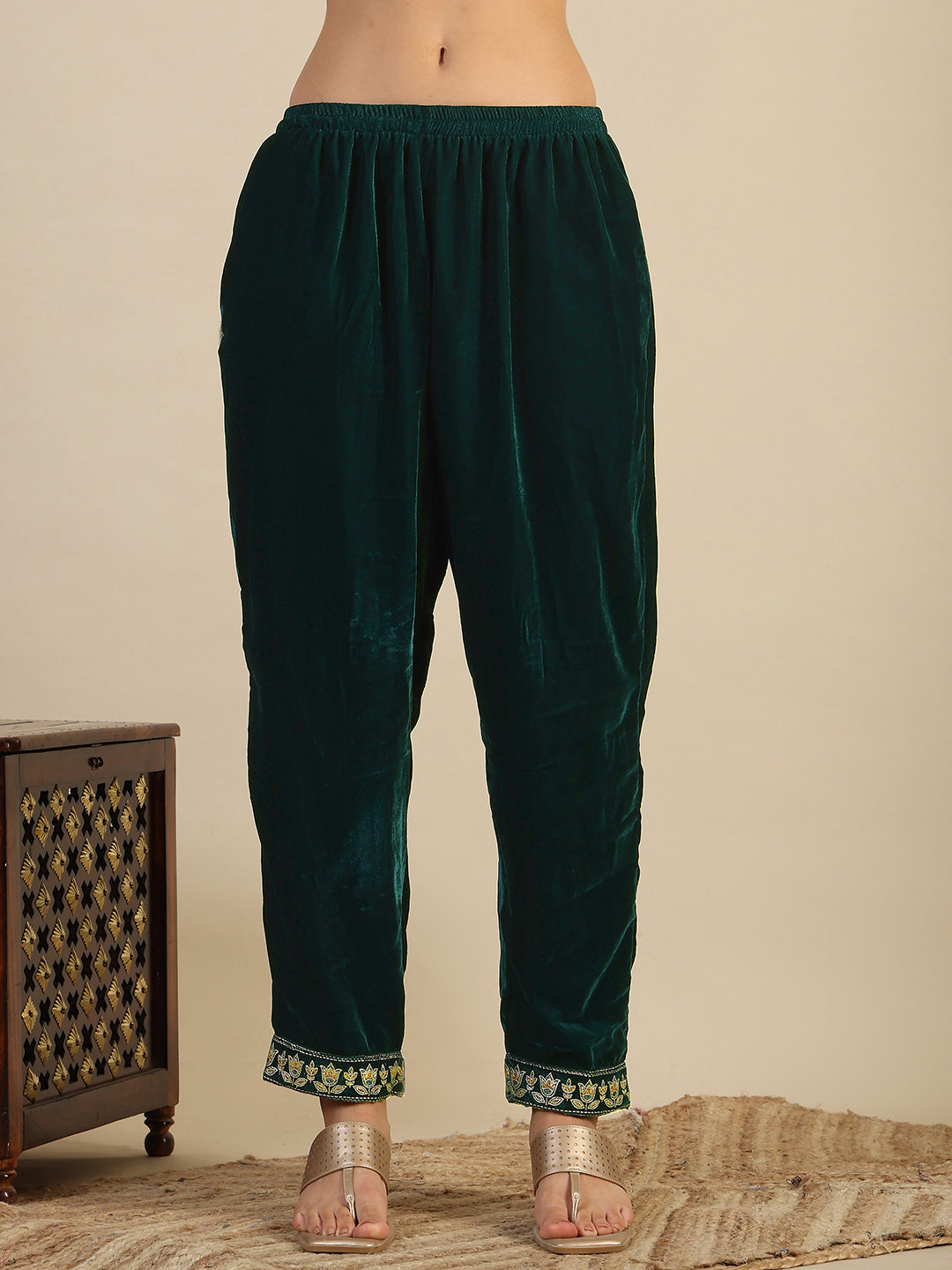 Bottle-Green Velvet Kurta Set with Hand & Foil Print Detailing