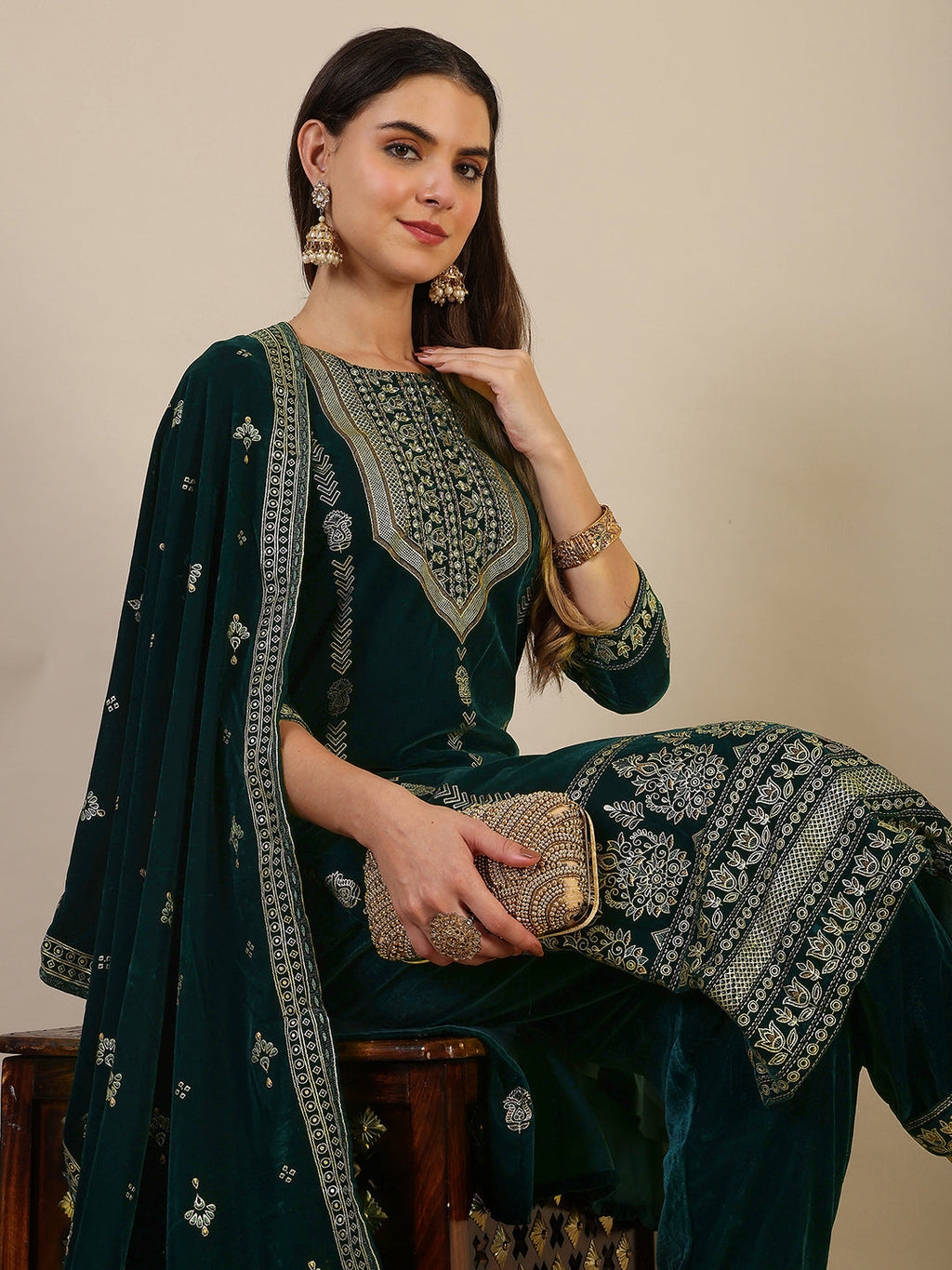 Bottle-Green Velvet Kurta Set with Hand & Foil Print Detailing