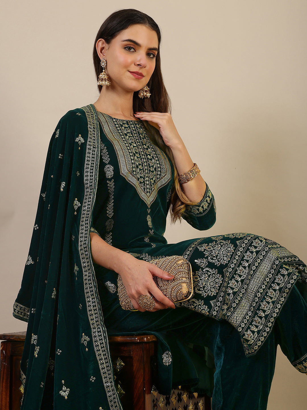 Bottle-Green Velvet Kurta Set with Hand & Foil Print Detailing
