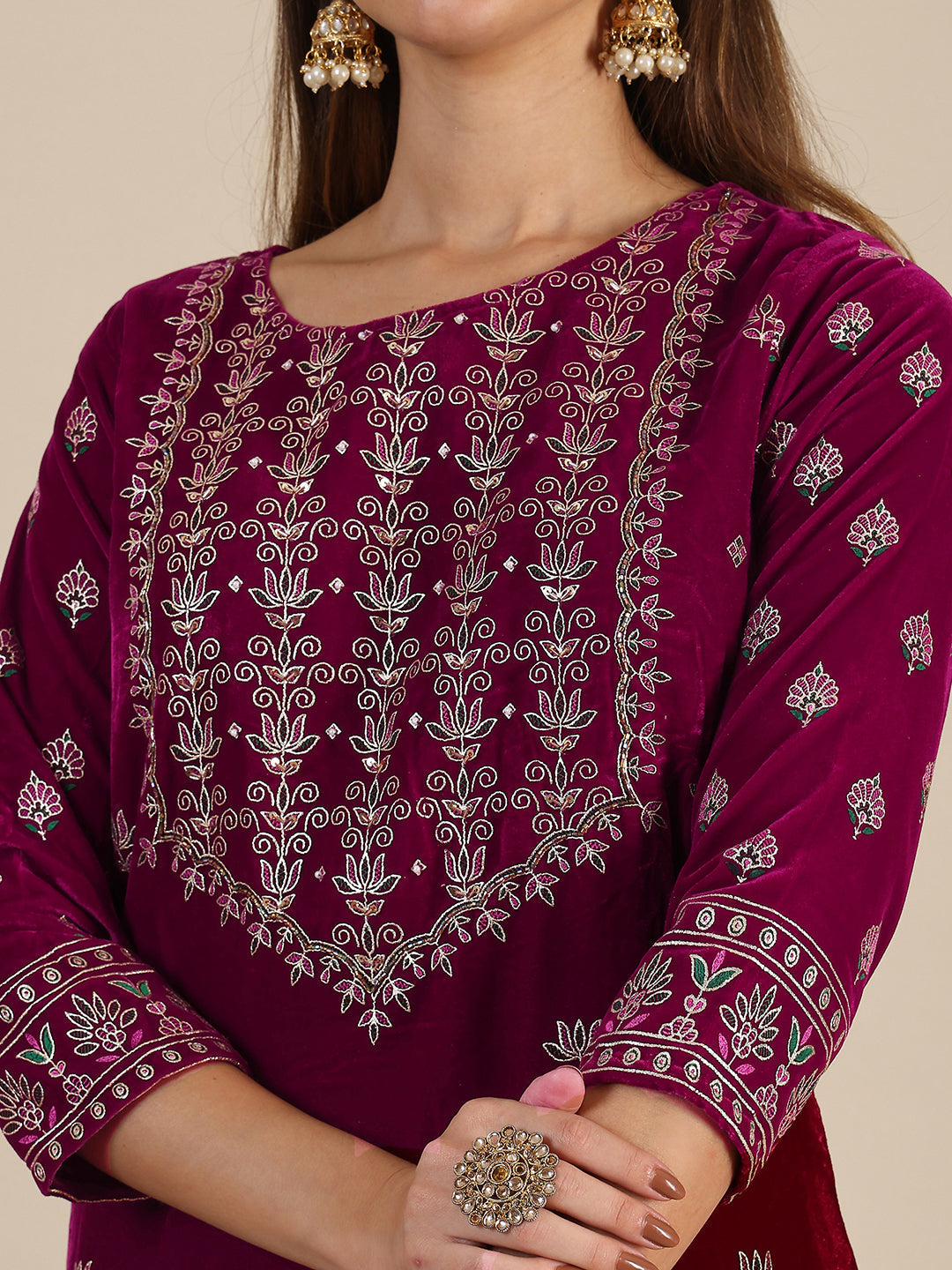 Pink Velvet Kurta Set with Hand and Foil Print Details