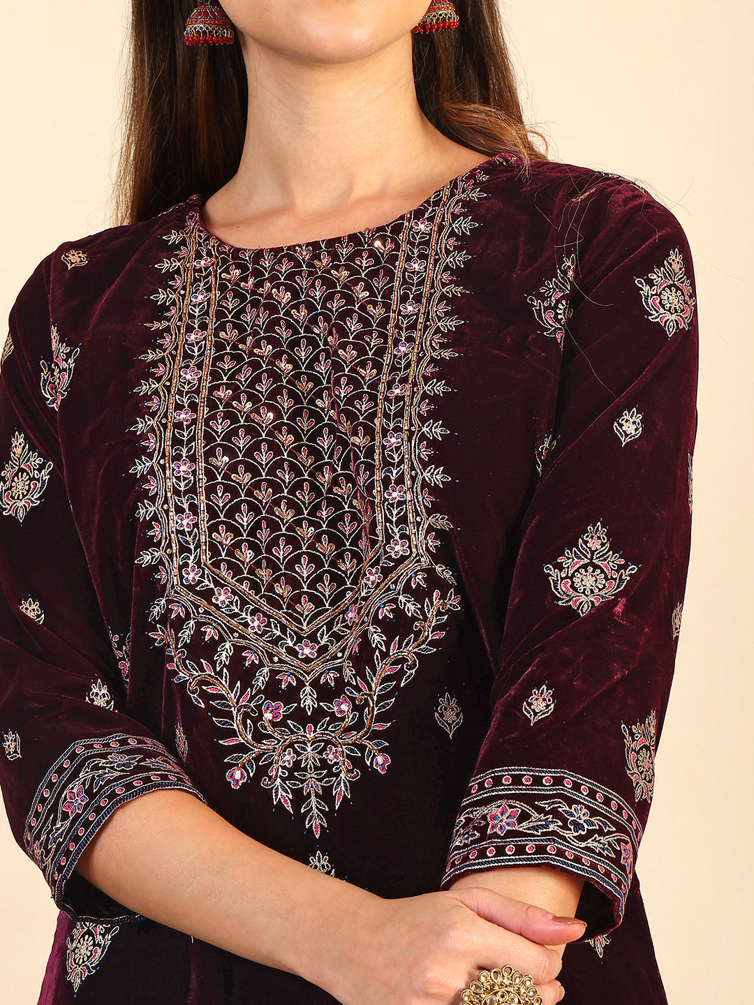 Wine Hand & Foil Printed Velvet Kurta Set with Pant and Dupatta