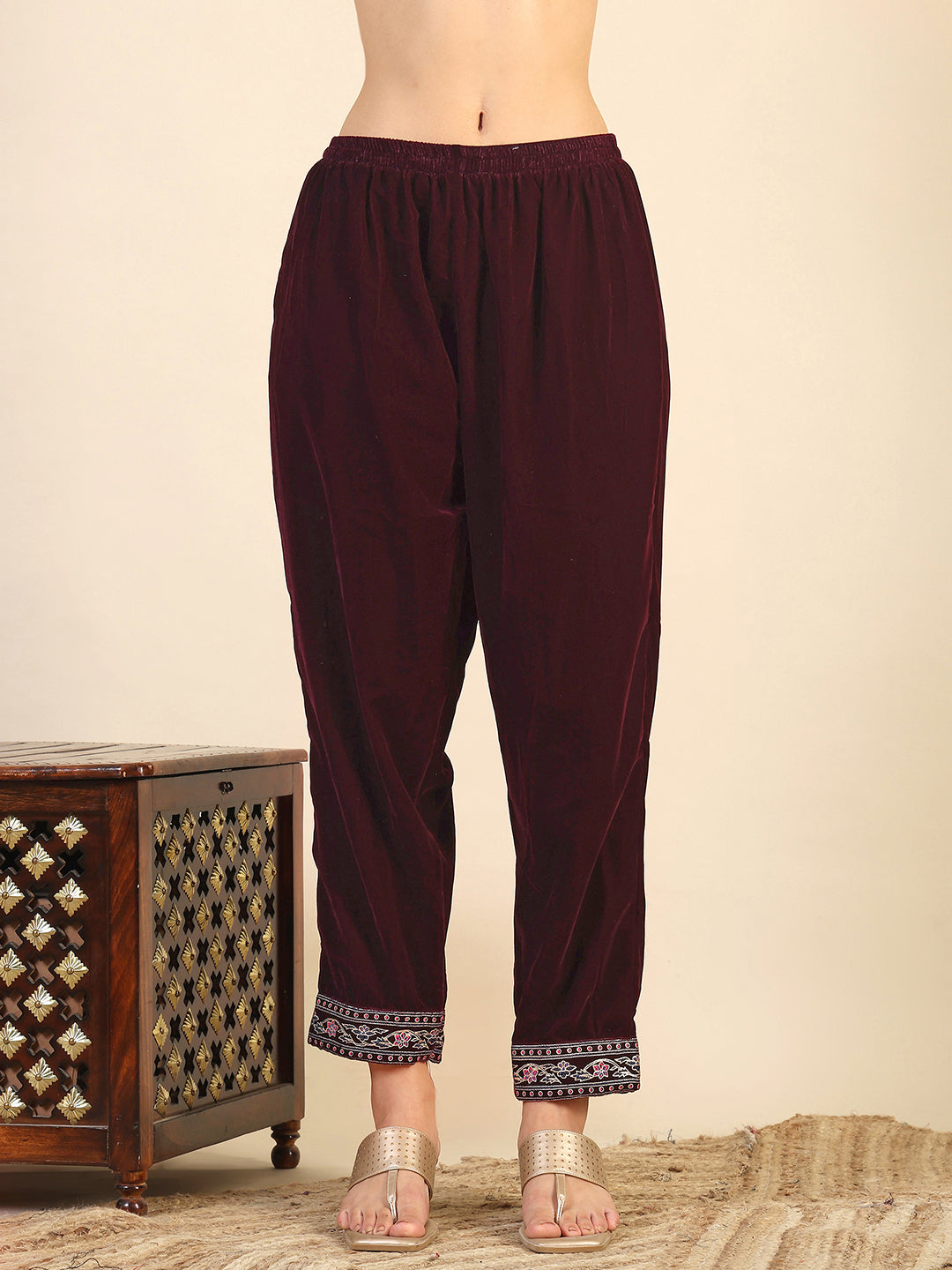 Wine Hand & Foil Printed Velvet Kurta Set with Pant and Dupatta