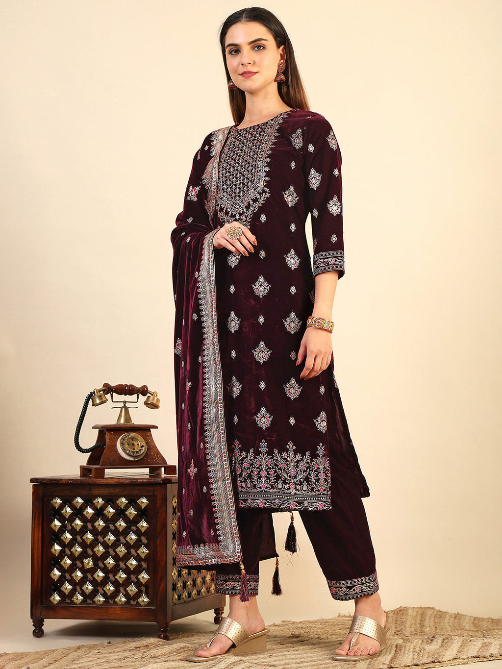 Wine Hand & Foil Printed Velvet Kurta Set with Pant and Dupatta