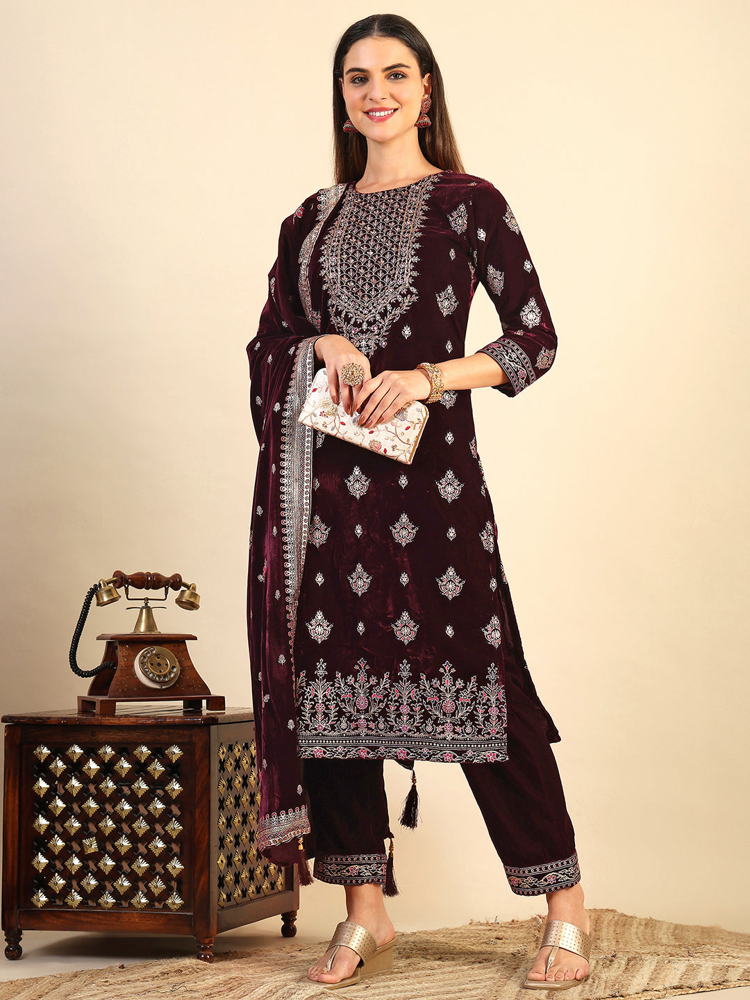 Wine Hand & Foil Printed Velvet Kurta Set with Pant and Dupatta