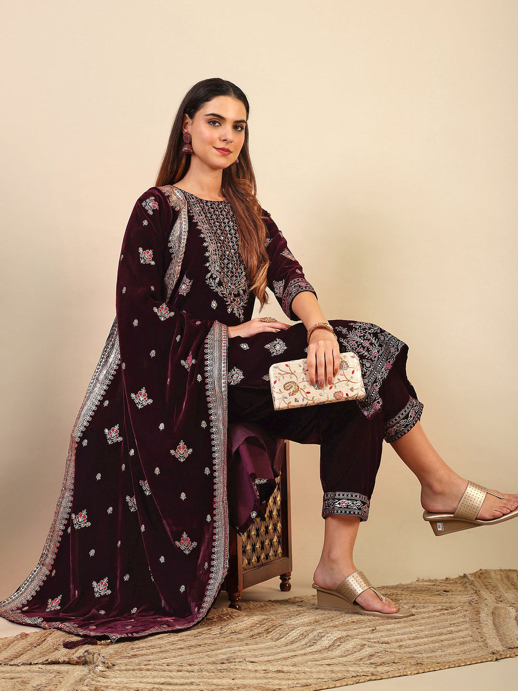 Wine Hand & Foil Printed Velvet Kurta Set with Pant and Dupatta