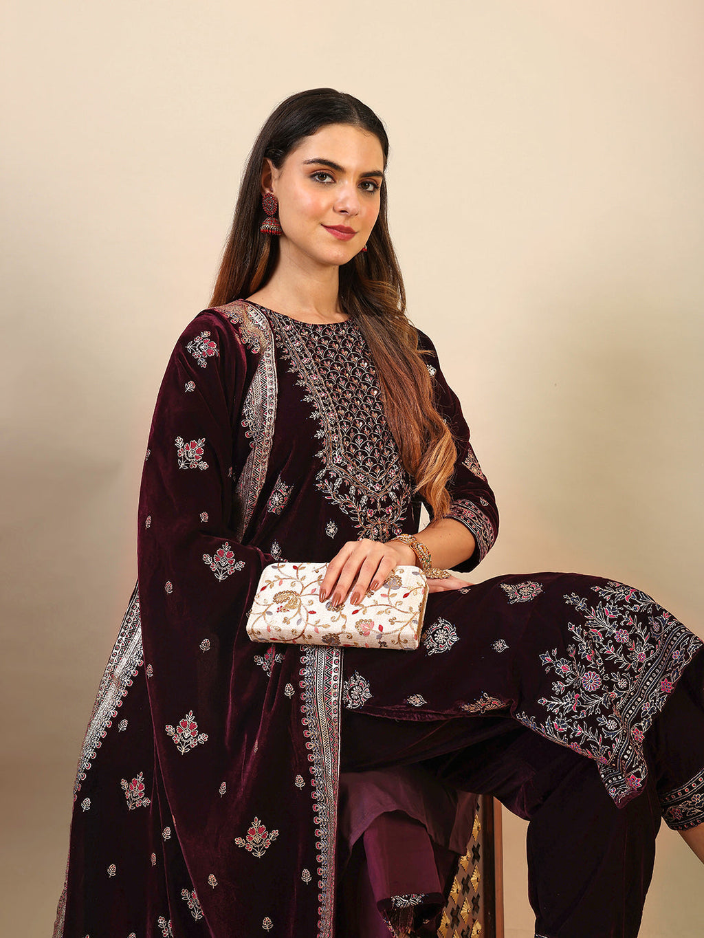 Wine Hand & Foil Printed Velvet Kurta Set with Pant and Dupatta