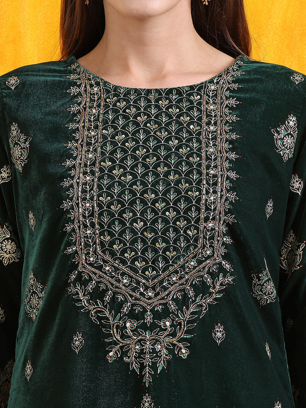 Bottle-Green Velvet Hand Embroidered Foil Printed Kurta Set