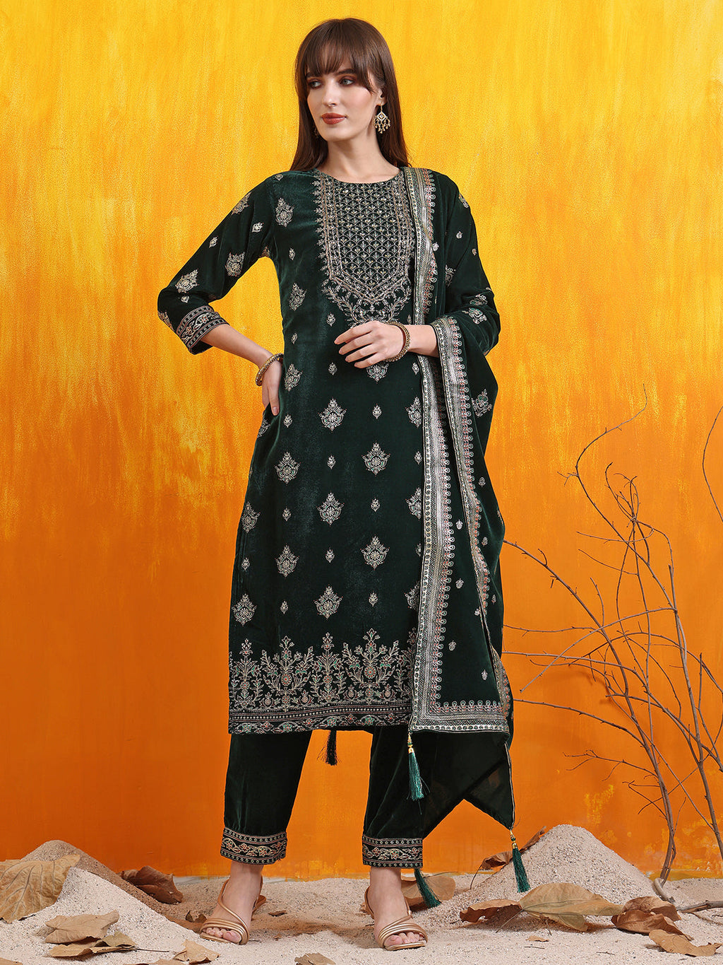 Bottle-Green Velvet Hand Embroidered Foil Printed Kurta Set