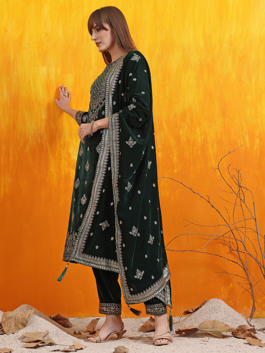 Bottle-Green Velvet Hand Embroidered Foil Printed Kurta Set