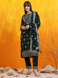 Bottle-green velvet kurta set with hand-embroidery and foil print detailing