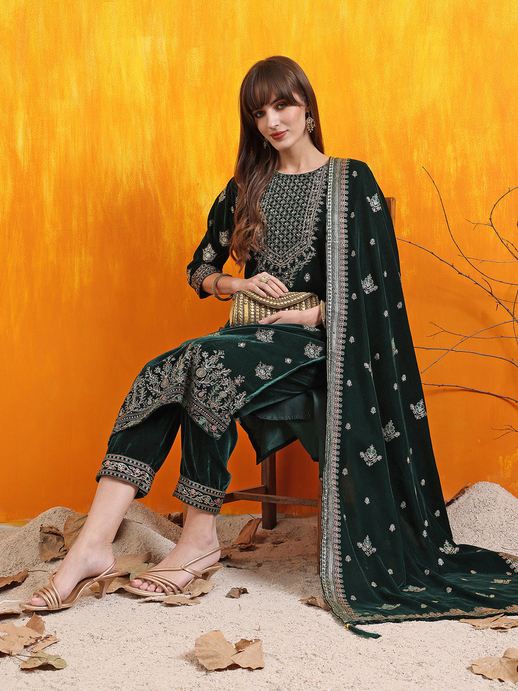 Bottle-Green Velvet Hand Embroidered Foil Printed Kurta Set