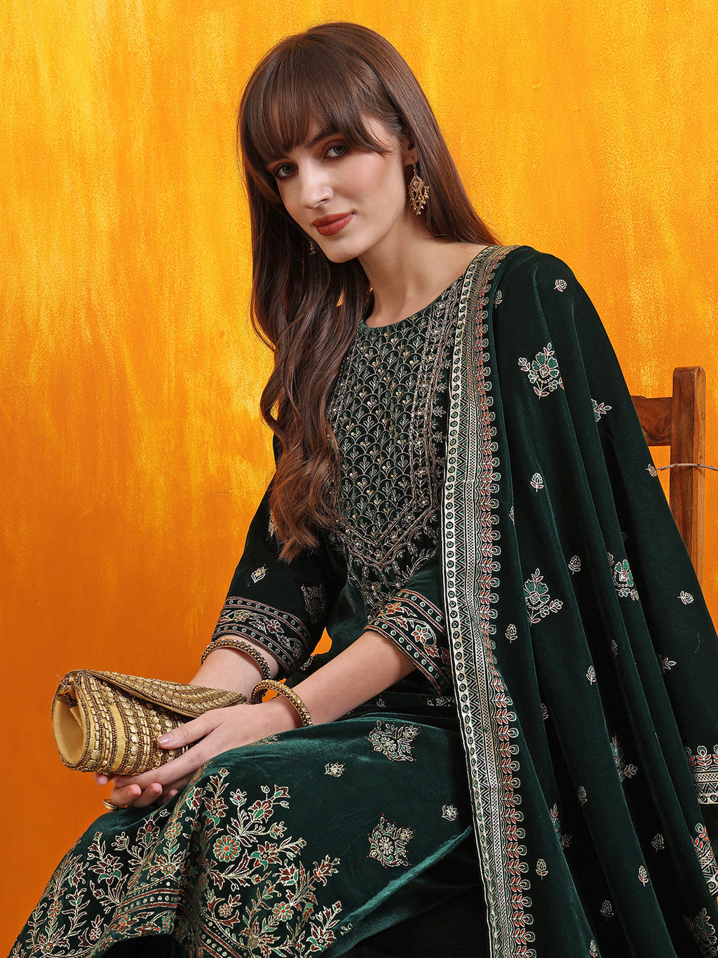 Bottle-Green Velvet Hand Embroidered Foil Printed Kurta Set