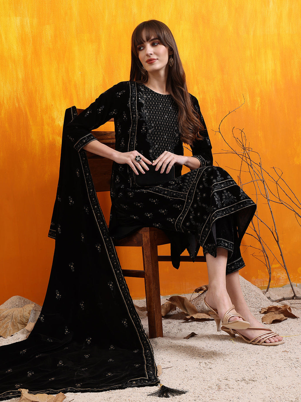 Black Hand Embroidered & Foil Printed Velvet Kurta Set