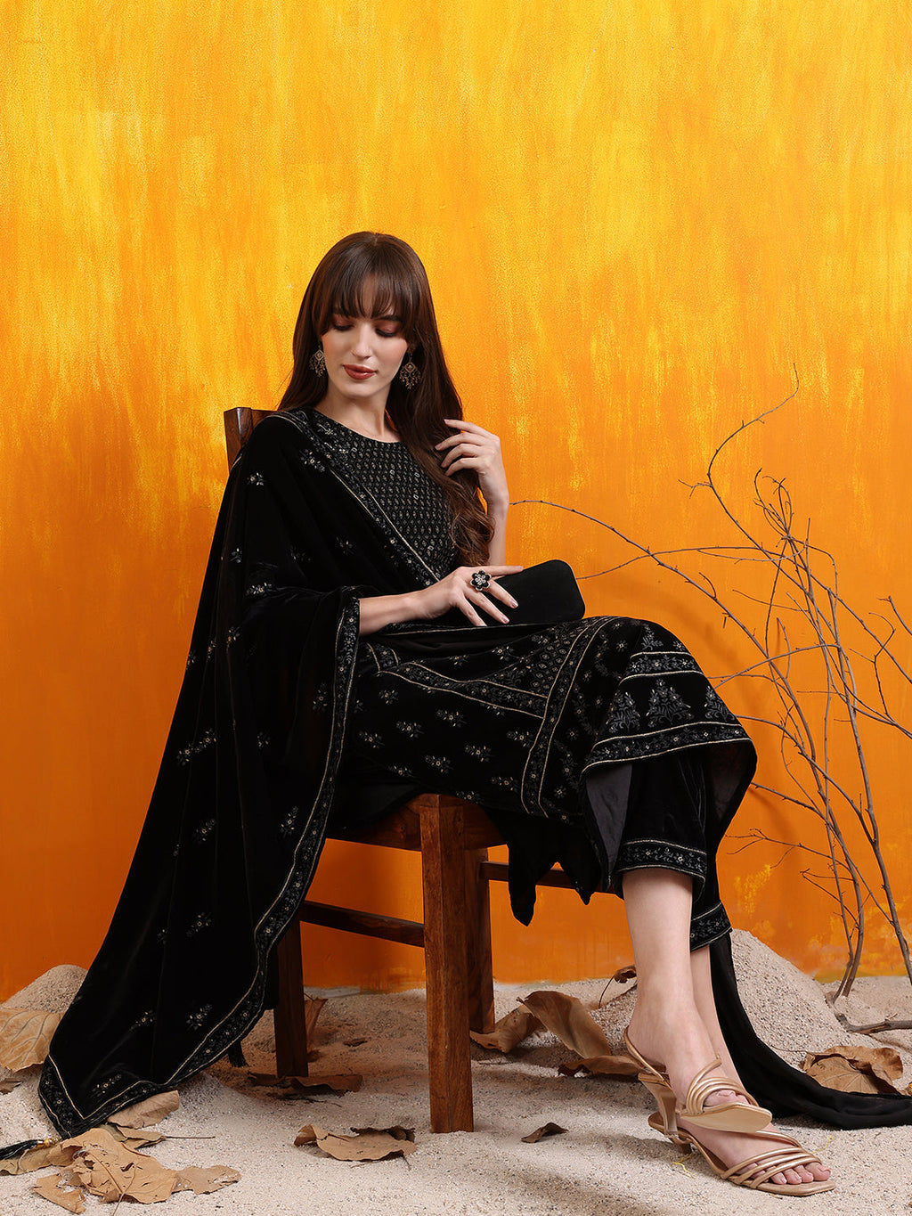 Black Hand Embroidered & Foil Printed Velvet Kurta Set
