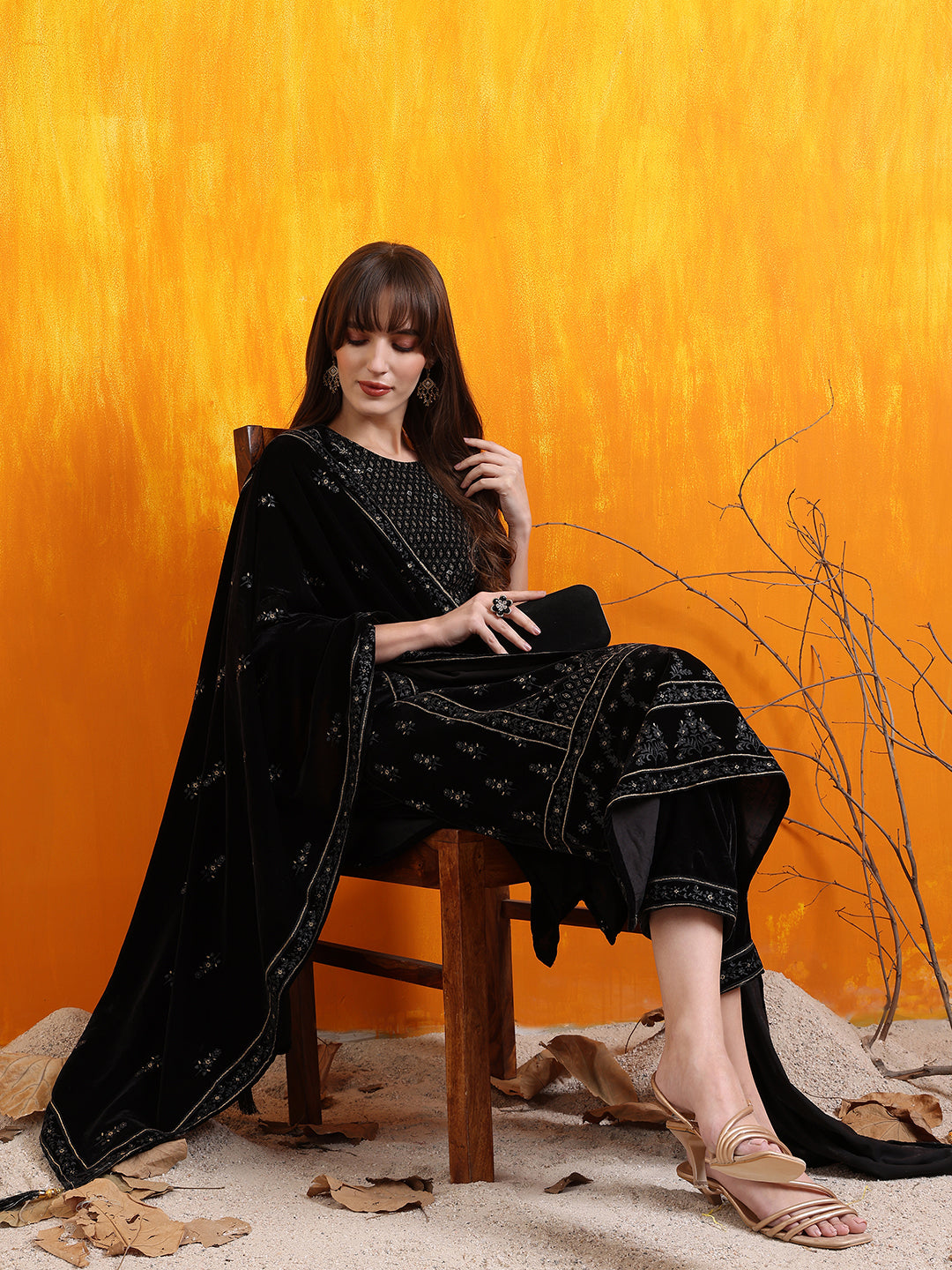 Black Hand Embroidered & Foil Printed Velvet Kurta Set