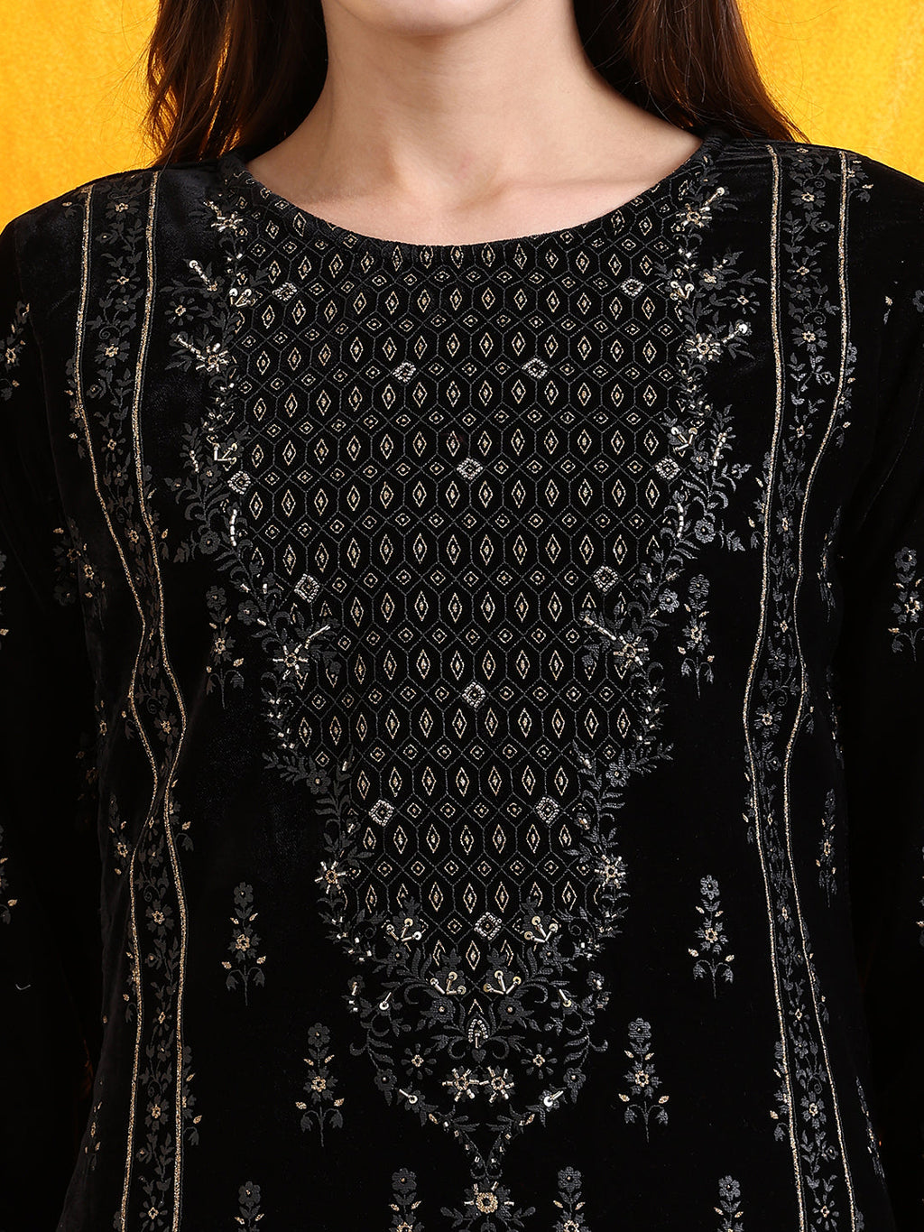 Black Hand Embroidered & Foil Printed Velvet Kurta Set