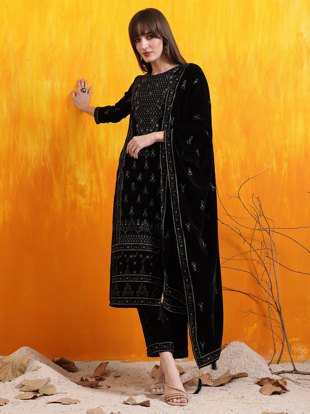 Black Hand Embroidered & Foil Printed Velvet Kurta Set