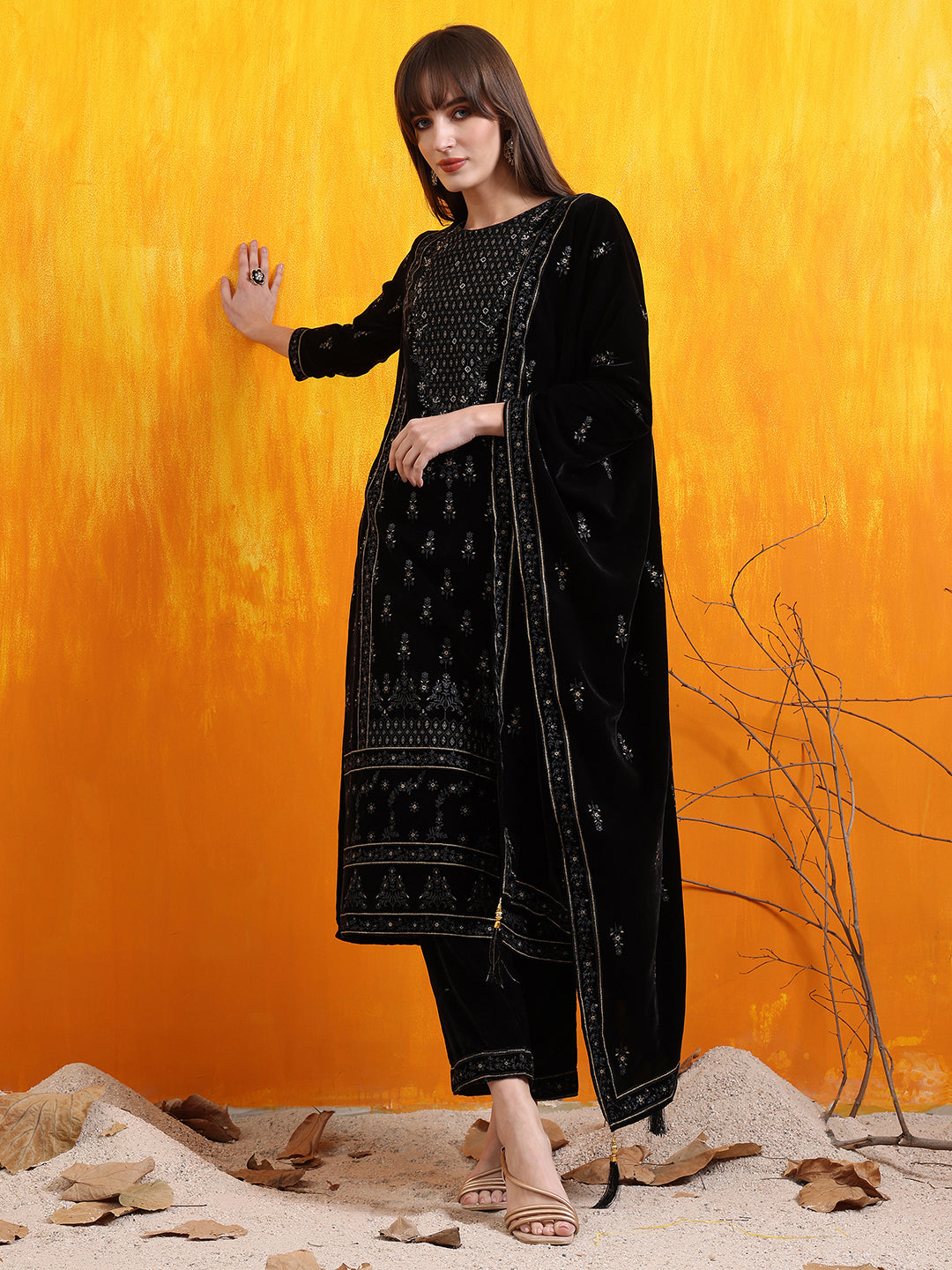 Black Hand Embroidered & Foil Printed Velvet Kurta Set