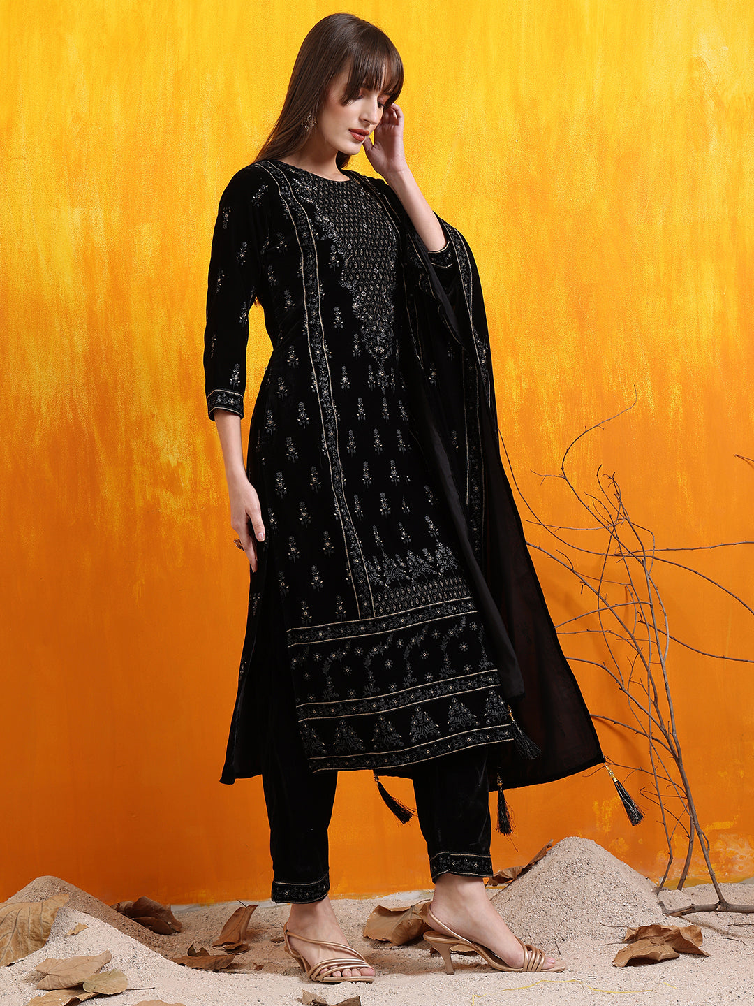 Black Hand Embroidered & Foil Printed Velvet Kurta Set